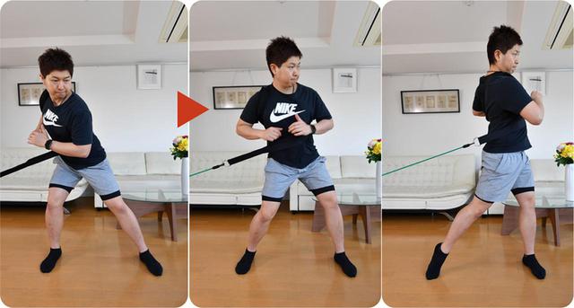 画像: チューブ&ベルトを使った、体の回転力を鍛えるトレーニング