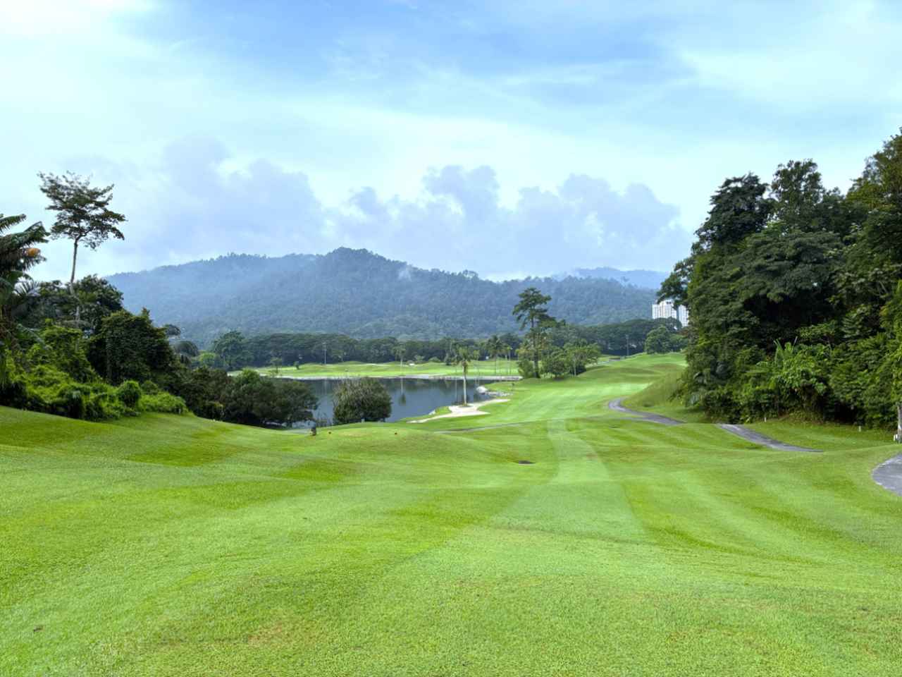 画像: 左サイドに大きな池が広がる右ドッグレッグの12番パー5