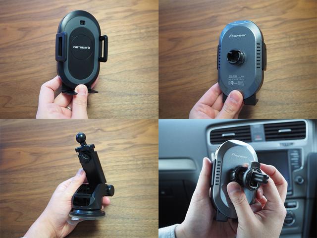 画像: 上段はホルダー部。電池を内蔵していてクルマからの給電がなくてもスマホの取り外しは可能だ。下段は固定用のアタッチメントで、左がアームタイプ、右がクリップタイプ。
