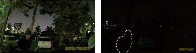 画像: ナイトサイト有無の比較画像。左のナイトサイトで撮影した映像に対し、右のナイトサイトがない映像ではほぼ黒つぶれして何が写っているかわからなくなっている。