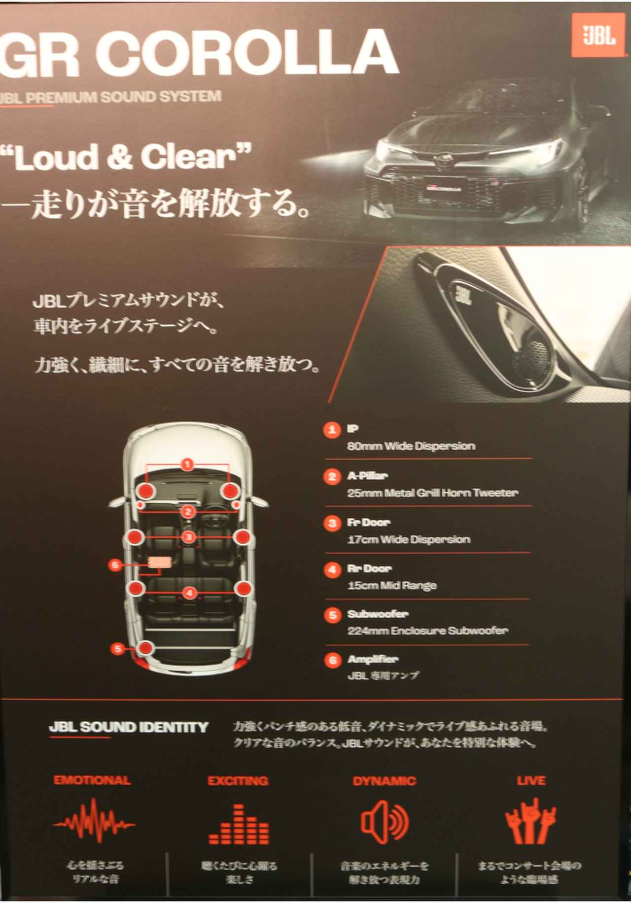 画像: GRカローラに搭載されているJBLのオーディオシステムを紹介しているパネル展示。
