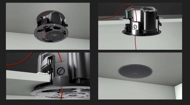 画像: 写真①:「Bose」独自の『クイックホールド取り付け機構』。スピーカーを天井の開口部に押し込めば仮ホールドされるので、あとは取り付けアームで回し締めて固定するだけ。片手にスピーカー、もう一方の手にドライバーを持つ必要がなく、両手で素早く確実にスピーカーを設置することができる