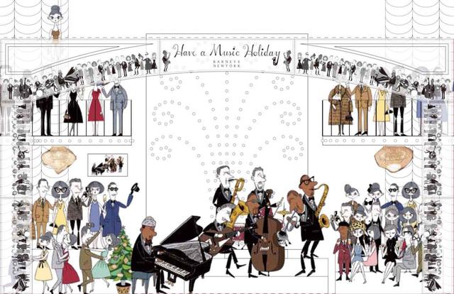 画像1: バーニーズの今年のホリデーキャンペーンのテーマは、“HAVE MUSIC HOLIDAY”。イラストレーターのソリマチアキラ氏のイラストを起用したウィンドウディスプレイ、店内で演奏されるジャズやラテンなどの楽しげな音楽に身を任せ、心惹かれる一品を選ぶ幸せをプロデュースしている。