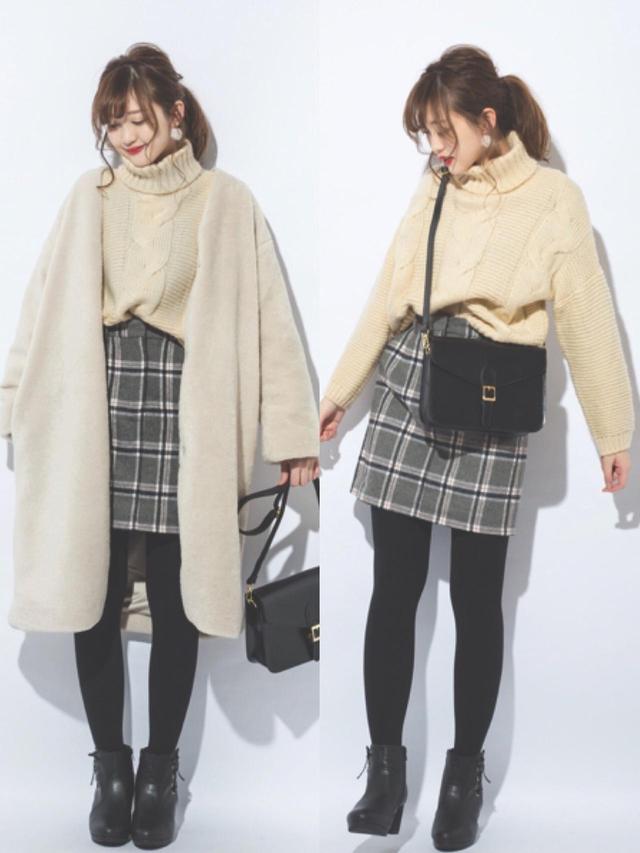 画像: 【GU】ボアダウンコート 3,990円(税抜)※現在のSALE価格【CHEER CLOSET】ショート丈ケーブルニット 2,890円(税抜)
