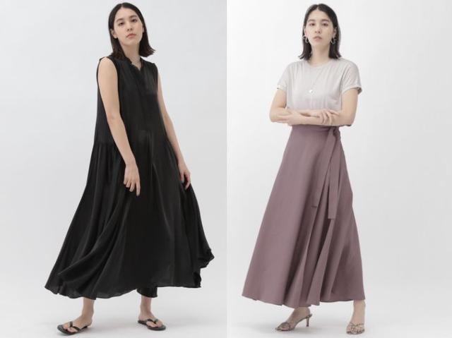 画像: 左/たっぷりとしたシルエットがリラクシーなサンディングシルクワンピース¥53,900、右/ウエストのひもの結び方で履く位置を調整できるヴィスコースラップスカート¥30,800 出典:カオス