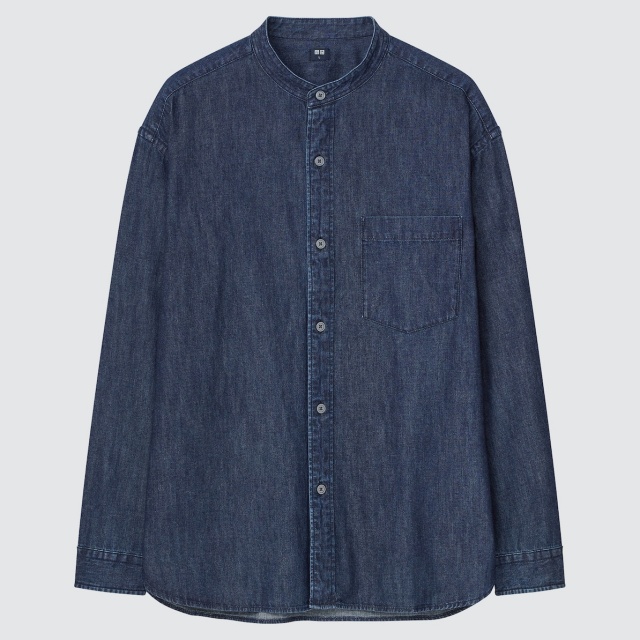 画像1: 「デニムオーバーサイズスタンドカラーシャツ(長袖)」(ネイビー)¥2,990 出典:ユニクロ