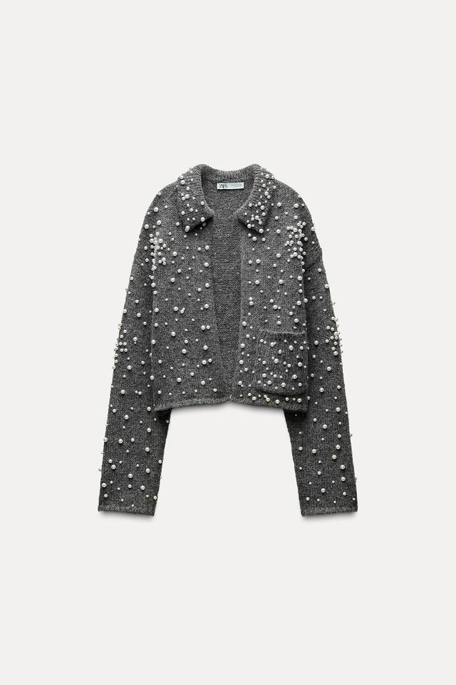 ZARA パールビーズ付きニットカーディガン ZARA - 新品 ZARA パールビーズ付きニットカーディガン Mサイズの通販