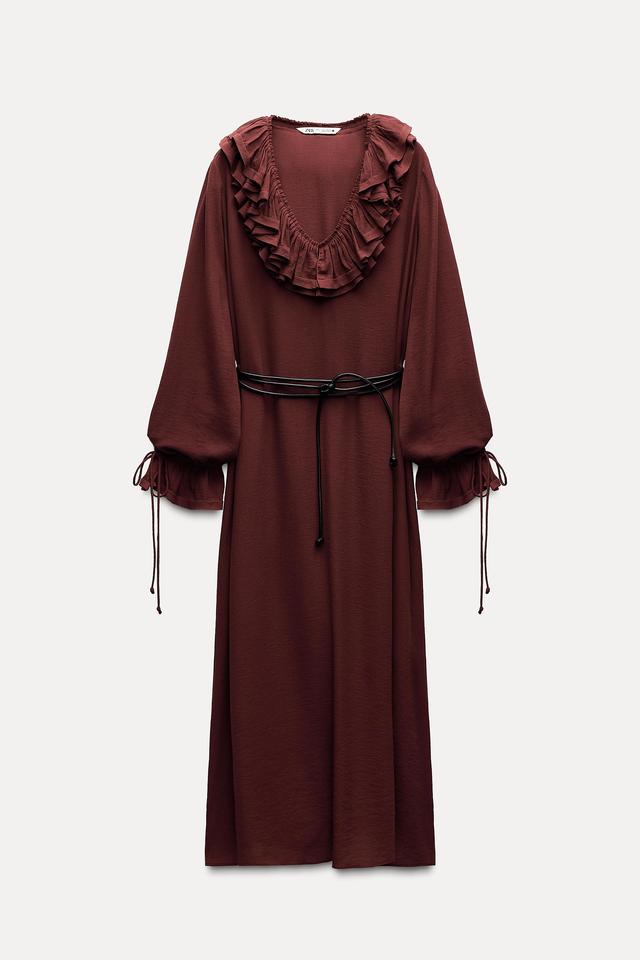 【ZARA】ミディ丈リボンVネックワンピース ブラウン3666/066/700 ZARA】ミディ丈リボンVネックワンピース ブラウン3666/066/700