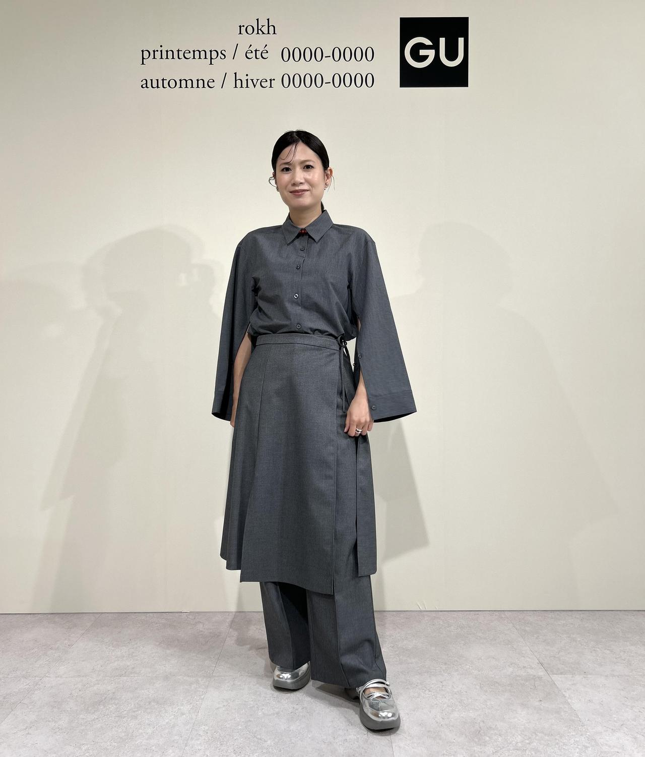 画像: 【ジーユー × ロク】2ピースシャツミニワンピースセット by rokh（Sサイズ着用）¥4,990、ラップパンツ by rokh +X（Sサイズ着用）¥4,990 ※一部店舗およびオンラインストアのみ販売、メリージェーンシューズ by rokh¥2,990　※太田さんの身長：159㎝ www.gu-global.com