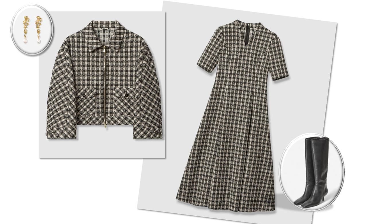 画像: ブルゾン￥69,300・ドレス￥69,300・DEBORAH BLYTHのイヤリング￥51,700・FABIO RUSCONI のブーツ￥73,700