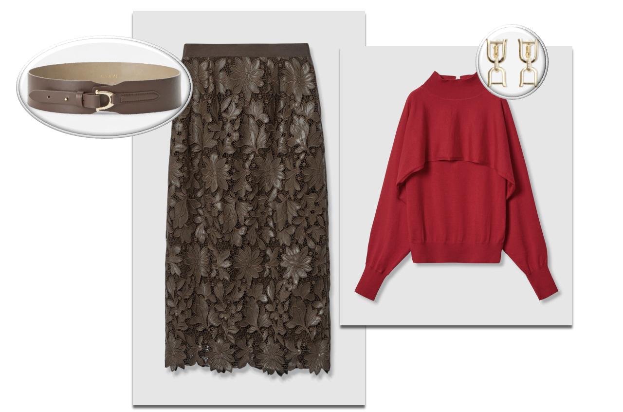 画像: ニットプルオーバー￥31,900・スカート￥59,400・ベルト￥19.800・イヤリング￥14,300