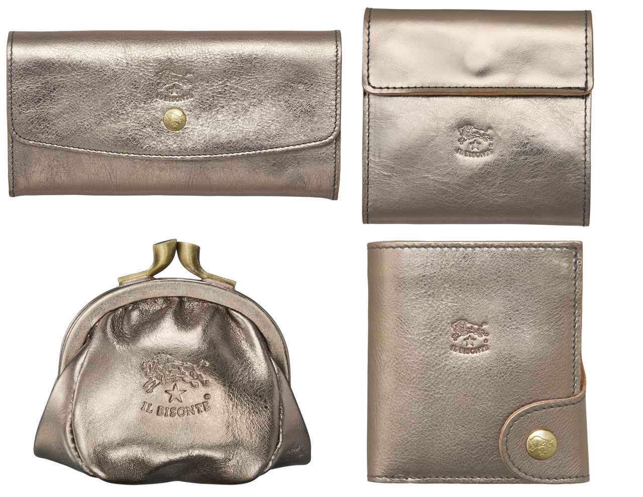 画像: 【イル ビゾンテ】左上から時計まわりにロングウォレット¥56,100 サイズ：縦9×横18×マチ2cm、ウォレット¥27,500 サイズ：縦9×横10×マチ2.5cm、ウォレット¥39,600 サイズ：縦9.5×横9.5×マチ2cm、コインパース¥20,900 サイズ：縦6×横8×マチ5cm www.ilbisonte.jp