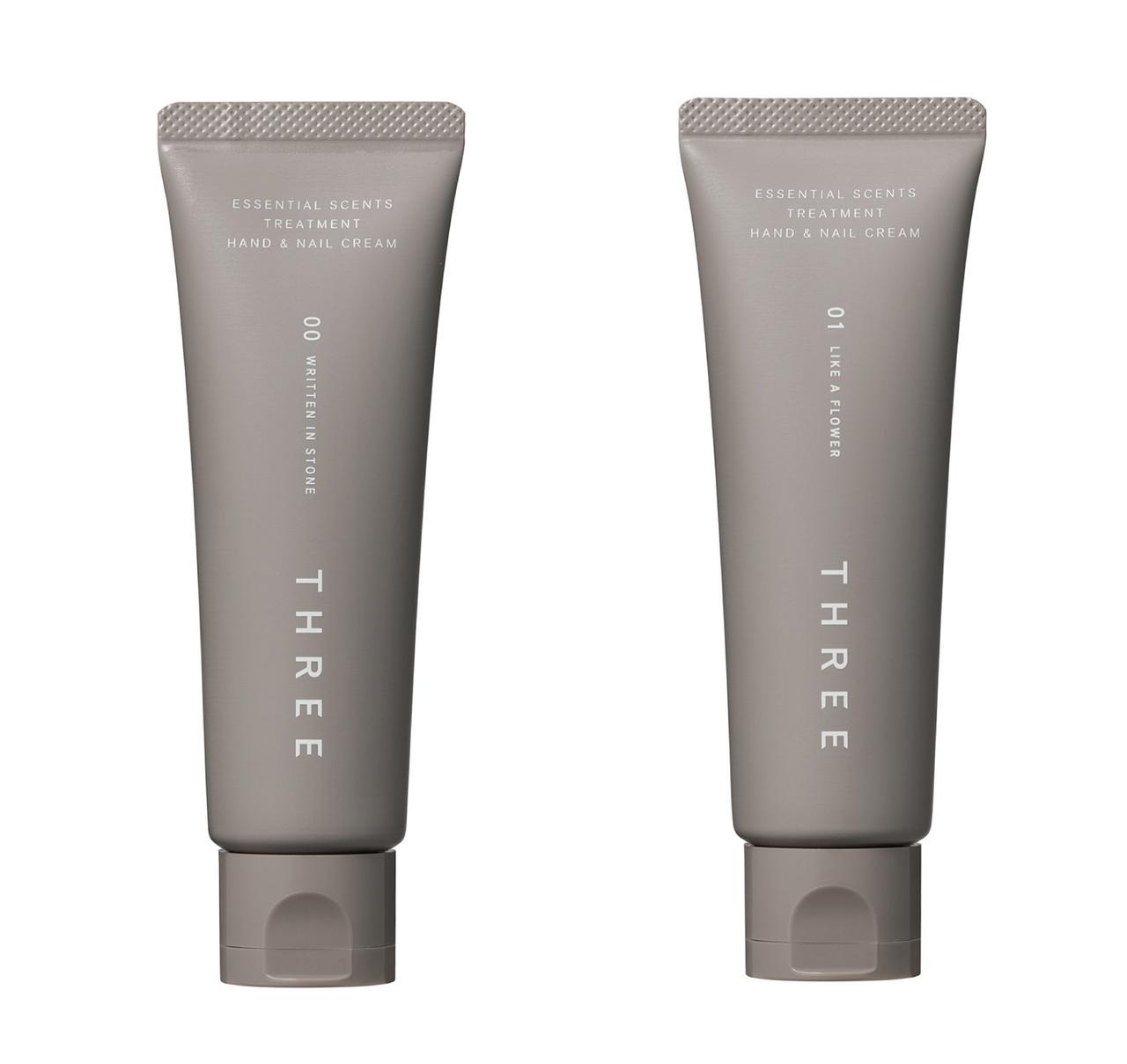 画像: （左から）クリアなシトラスウッディの香調。THREE エッセンシャルセンツ トリートメント ハンド＆ネイル クリーム 00、ハーバルフローラルの香調。同 01 各¥3,740／ともにTHREE 出典：www.threecosmetics.com