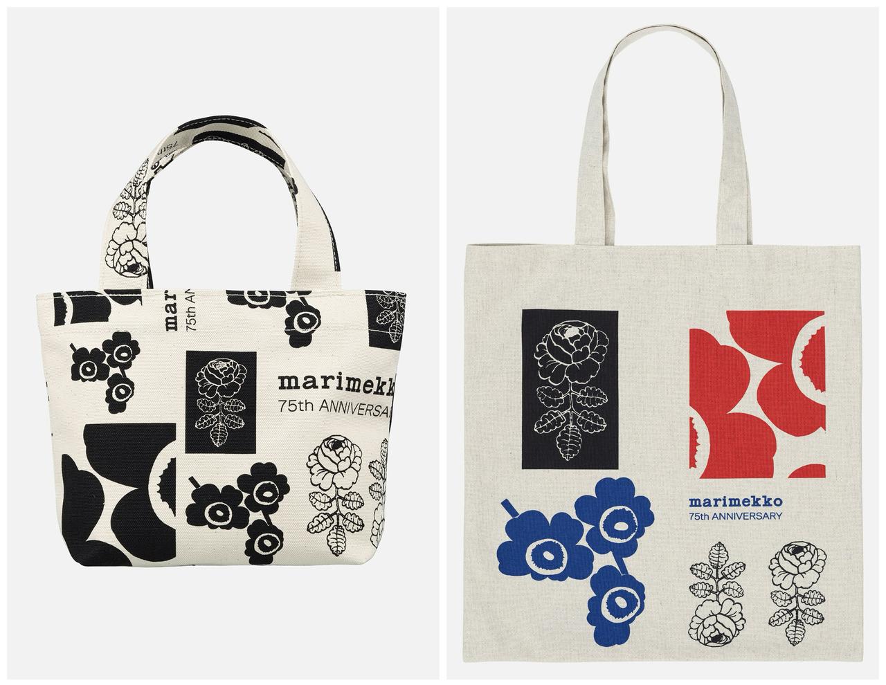 画像: 【Marimekko】左：日本限定 75th anniversary トートバッグ［縦20×横21×マチ9㎝］¥15,400、右：日本限定 75th anniversary トートバッグ［縦42.5×横41×マチ1㎝］¥13,200　※公式オンラインストアで先行発売中。一般発売は2026年1月30日（金） www.marimekko.jp