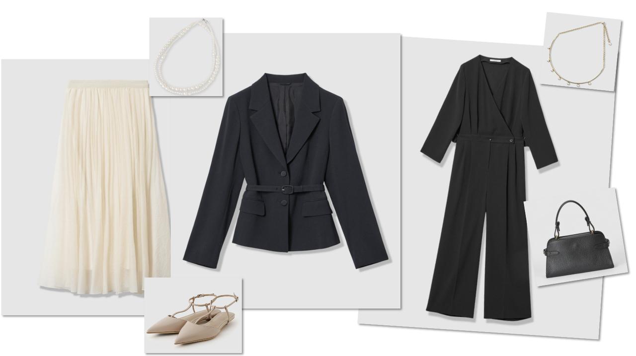 画像: 左のスカート￥37,400・ジャケット￥59,400・右のオールインワン￥55,000・左のネックレス￥16,500・右のネックレス￥19,800・"TONY BIANCO"の靴￥38,500・ワンハンドルバッグ￥49,500（ANAYI） www.anayi.com