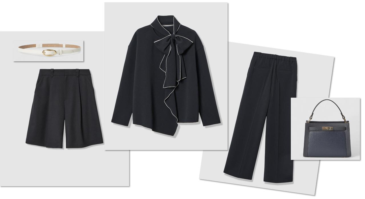 画像: キュロットパンツ￥35,200・ボウタイブラウス￥31,900・ワイドパンツ￥31,900・ベルト￥15,400・バッグ￥47,300（ANAYI） www.anayi.com