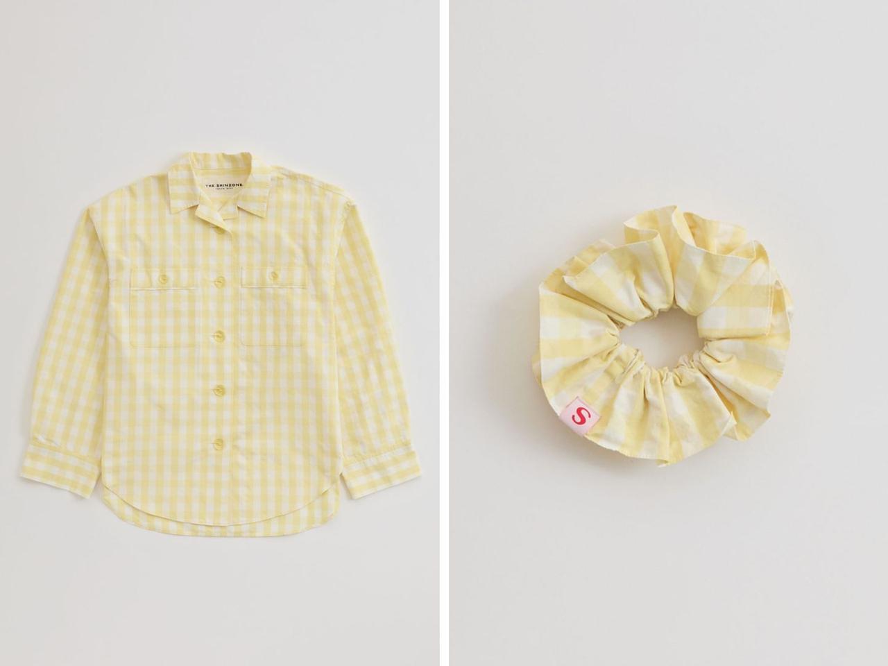画像: 左「GINGHAM CHECK SHIRT」￥41,800、右「GINGHAM CHECK SCRUNCHIE」￥6,930 出典：シンゾーン