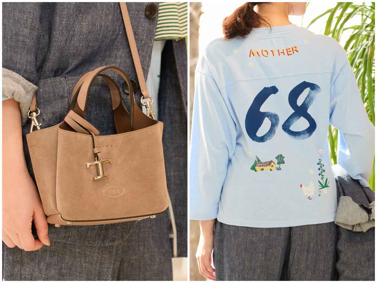 画像: （リネンジャケットで色を楽しむ）グリーンのボーダートップスを肩に巻いて