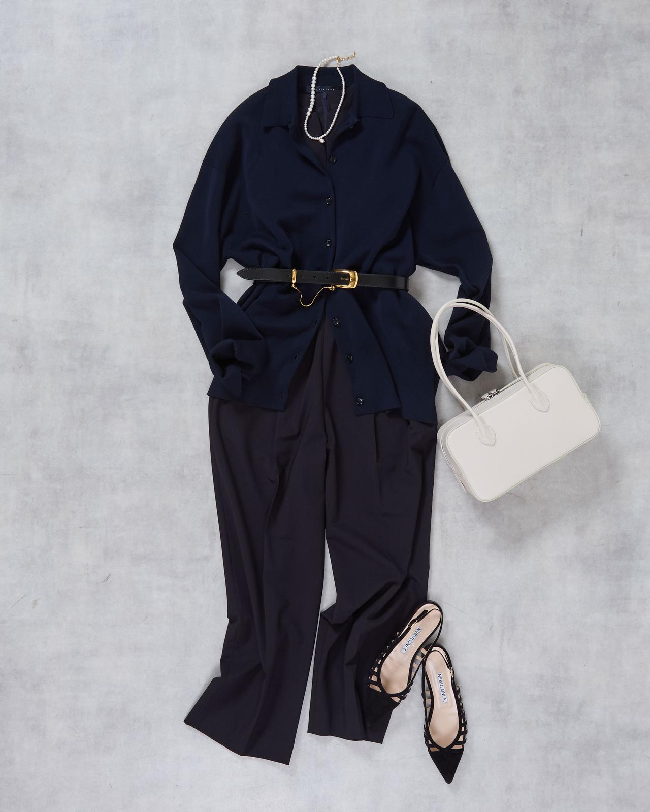 画像: カーディガン￥37,400・オールインワン￥36,300・ベルト￥22,000・バッグ￥82,500・シューズ￥70,400・ネックレス￥69,300（マルティニーク） store.melrose.co.jp