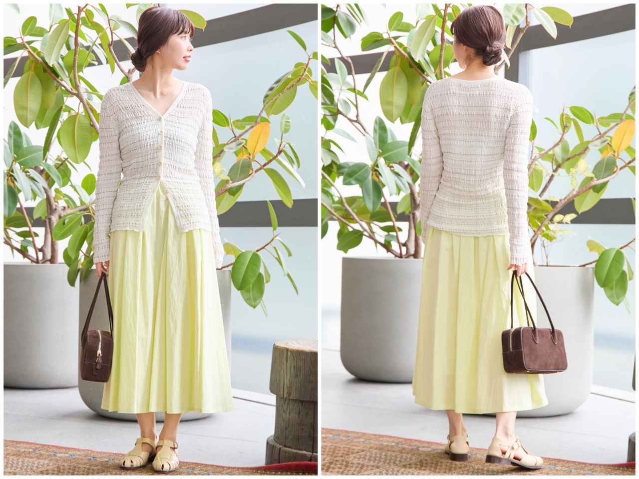 画像: ジャガードカーディガン￥33,000・スカート￥31,900・”メゾンカナウ"のバッグ￥88,000（マルティニーク） store.melrose.co.jp