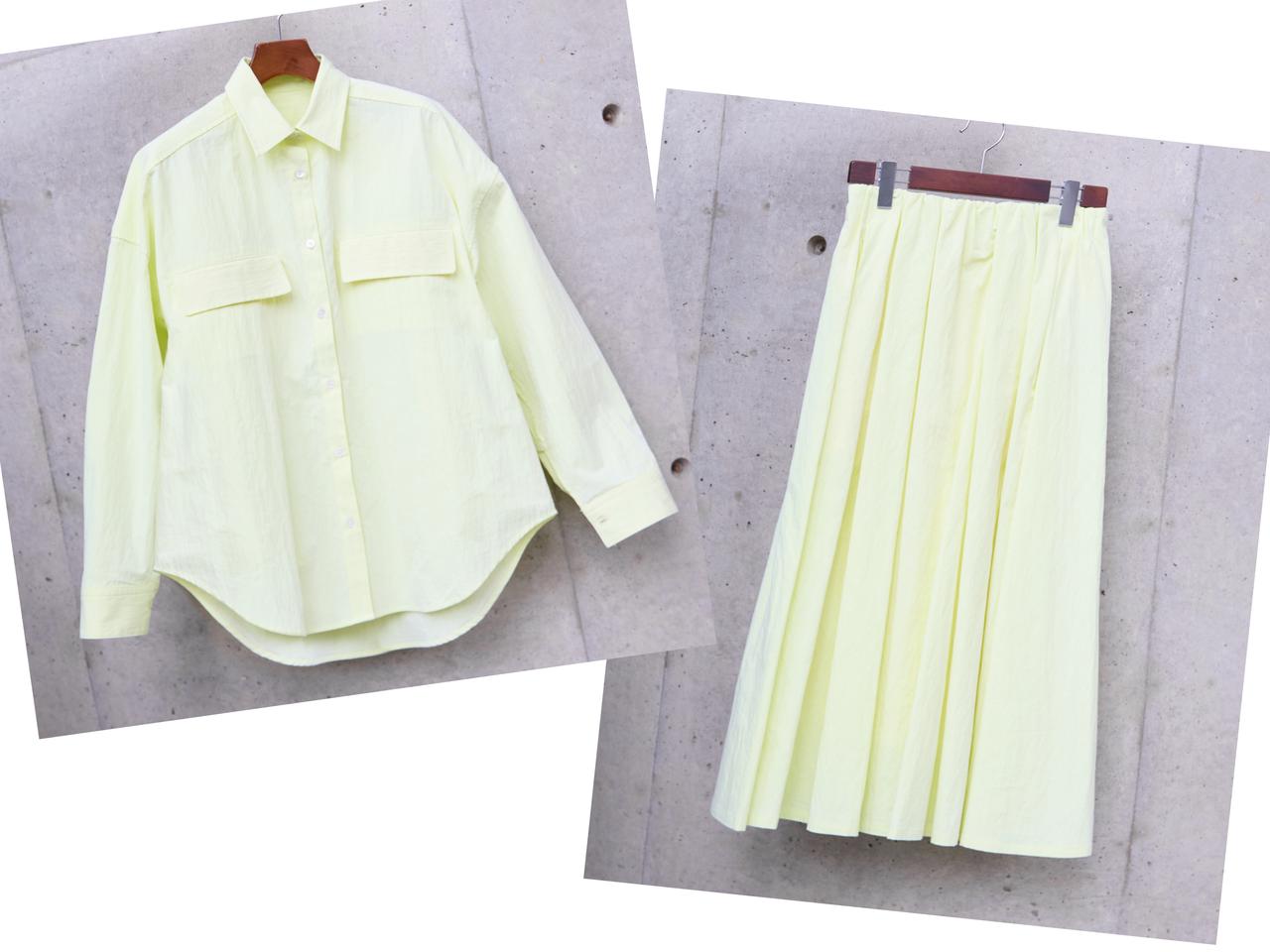 画像: イエローのウェザークロスシャツ￥28,600・スカート￥31,900（マルティニーク） store.melrose.co.jp