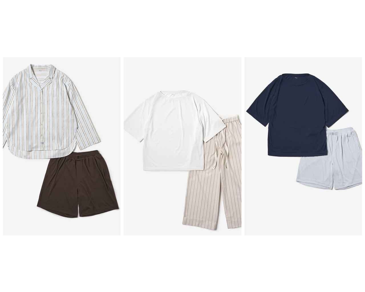 画像: 【PAJUU】左：ロングシャツ ¥15,400、ショートパンツ ¥13,200　中央：ボートネックTシャツ ¥13,200、ロングパンツ ¥15,400　右：ボートネックTシャツ ¥13,200、ショートパンツ ¥13,200 pajuu.com