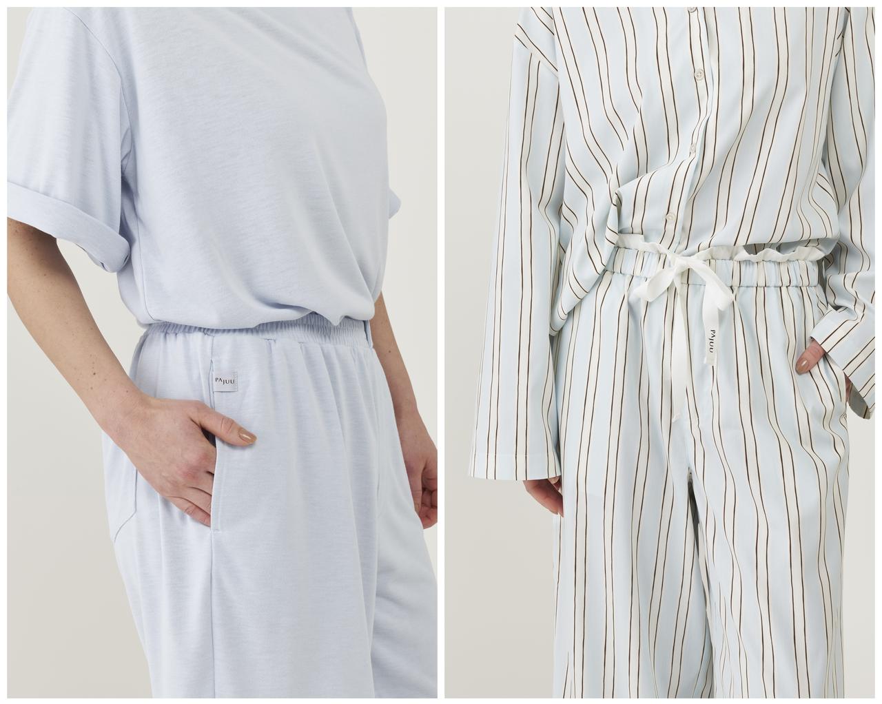 画像: 【PAJUU】左：ボートネックTシャツ¥13,200、ショートパンツ¥13,200　右：ロングシャツ ¥15,400、ロングパンツ ¥15,400 pajuu.com