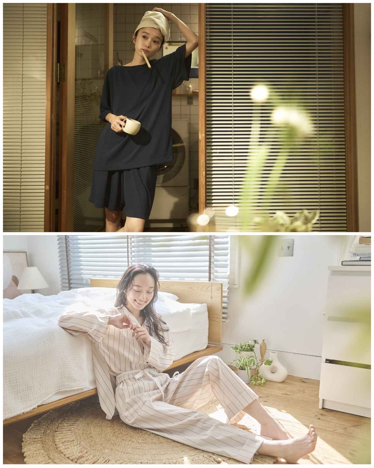 画像: 【PAJUU】上：ボートネックTシャツ ¥13,200、ショートパンツ ¥13,200　下：ロングシャツ ¥15,400、ロングパンツ ¥15,400 pajuu.com