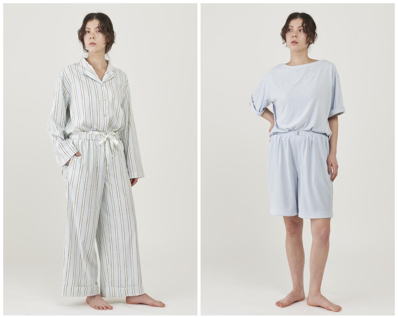 画像: 【PAJUU】左：ロングシャツ ¥15,400、ロングパンツ ¥15,400　右：ボートネックTシャツ ¥13,200、ショートパンツ ¥13,200 pajuu.com