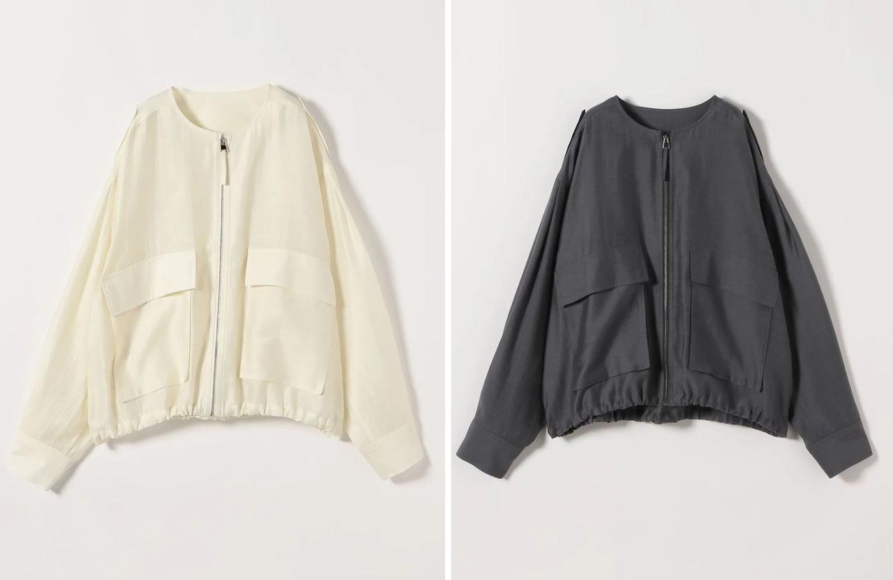 画像: 「リネン ミックス ノーカラー ドロスト ブルゾン」各￥13,200 出典：カランシエル