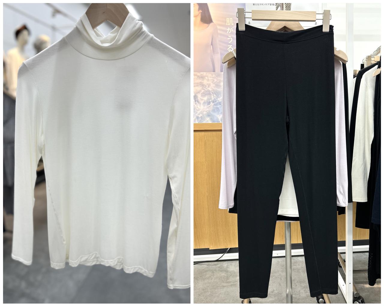画像: 【無印良品】左：婦人 着るスキンケア タートルネック長袖Ｔシャツ¥2,490、右：婦人 着るスキンケア レギンス¥2,490 www.muji.com