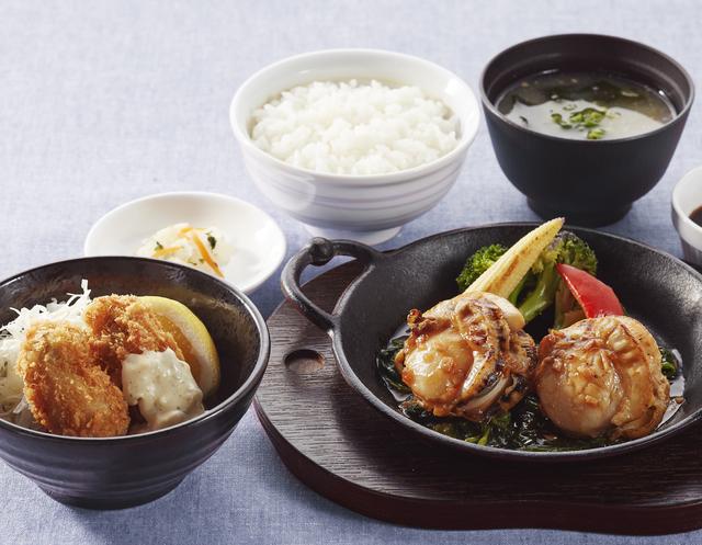 画像: 北海道産大粒帆立グリルと広島産牡蠣フライのよくばり御膳 1,499円