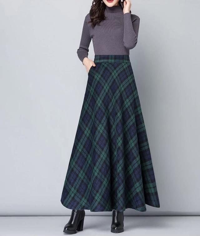 画像1: ウールチェック柄ロングスカート