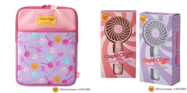 画像: チュッパチャプス PLAZA・MINiPLAオリジナルデザイン 左上から時計回りに、シリコンダイカットポーチ(全5色) 各1,320円、アクリルキーリング(全3色) 各660円、ハンディーファン(全2色) 各1,848円、ガジェットケース 2,750円。
