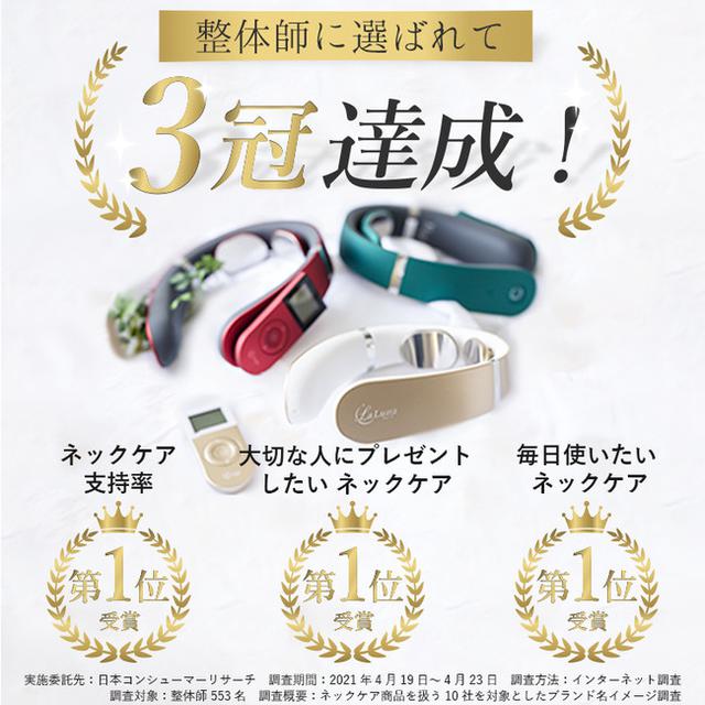 画像: 整体師が選ぶ ①ネックケア 支持率 NO1 ②大切な人にプレゼントしたい ネックケア NO1 ③毎日使いたい ネックケア NO1 実施委託先:日本コンシューマーリサーチ 調査期間:2021年4月19日~4月23日 調査方法:インターネット調査 調査概要:ネックケア商品を扱う10社を対象としたブランド名イメージ調査 調査対象:整体師 553名