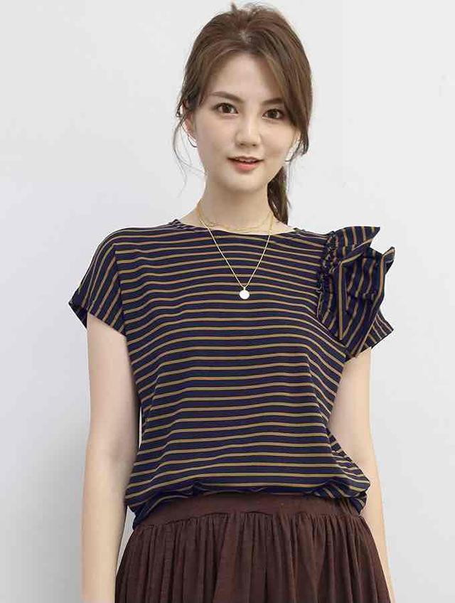 画像1: フリル袖アシメボーダーTシャツ