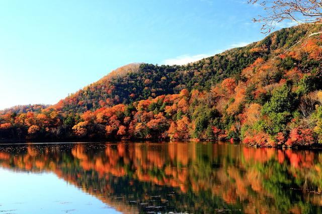 画像: 標高1478mの湯ノ湖、周囲をかこむ山々が華やかに色づいたダイナミックな景観
