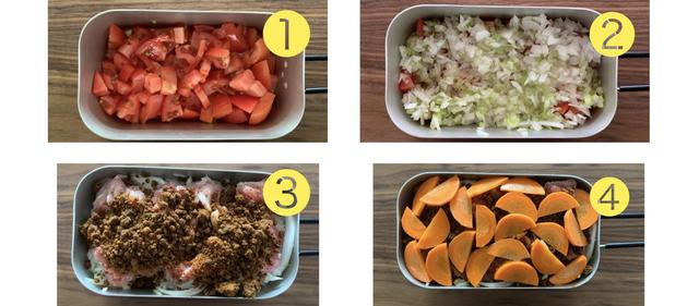 画像: 筆者撮影:水分の出やすい野菜(トマト、みじん切り野菜)を先に入れていくのが、固形燃料1個でも上手に作れるポイントです。