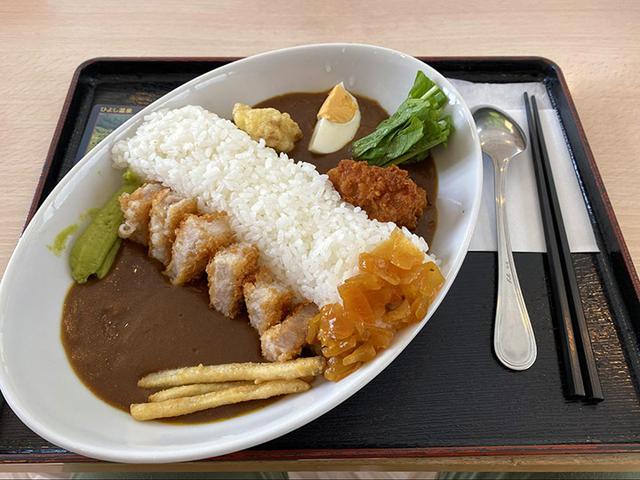 画像: 「世木ダムカレー」それぞれの具材がダムに関連するものに見立てられています (筆者撮影)
