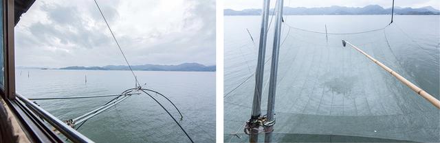 画像: 水底に沈めておいた四つ手網を、ウインチで引き上げけ、網にかかった魚などを長柄の小網で叩くようにすくう