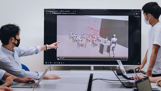 画像: 赤い粒子だけを取り出したシミュレーション。換気が悪いと粒子は漂い続けてしまう