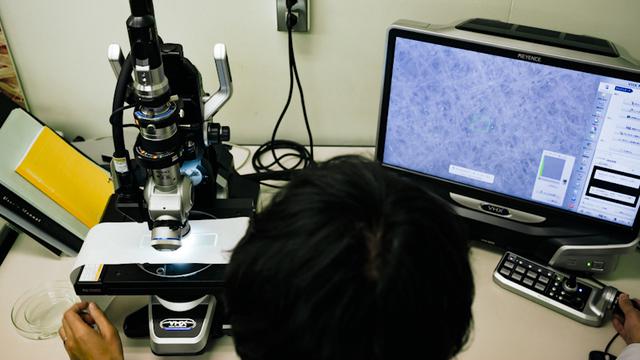画像: 顕微鏡で製品の繊維をチェックする同社の社員