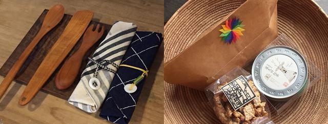 画像: 左は地元作家の作品。カトラリーケースのボタンは自然に穴が空いた貝殻。右は屋久島産の紅茶と、米の生産者がつくる駄菓子の「ポンせんべい」。別料金でかわいいラッピングを施してくれる
