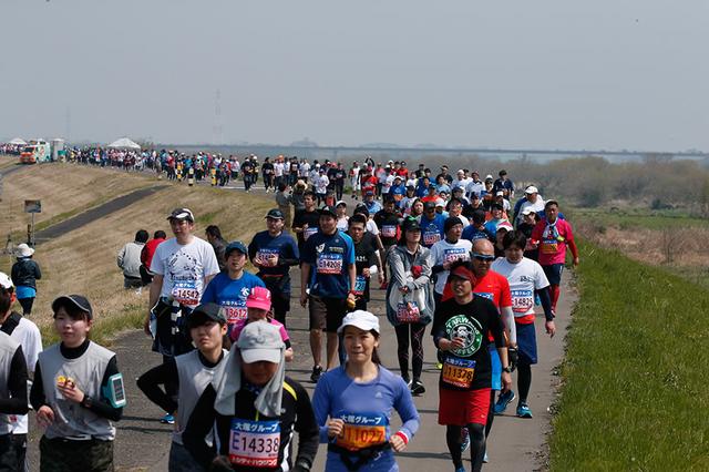 画像: 吉野川沿いの土手を走るランナーたち