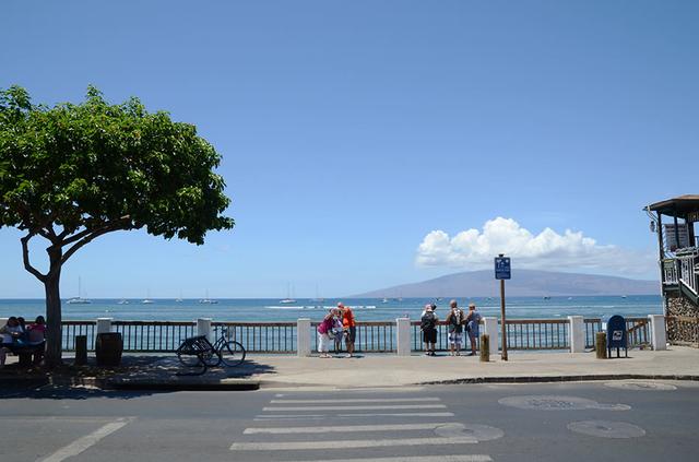 画像: ラハイナ名物、海沿いに伸びる遊歩道。青い海とラナイ島が背景に広がる
