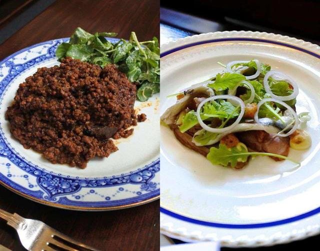 画像: 左は牛脂を塗ったトーストにミートソースをのせた店の看板メニュー。右はラム肉にアンチョビを合わせた前菜