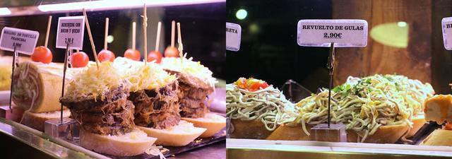 画像: ナスとベーコンとチーズのピンチョス(左)と、スペインならではの食材「グラス」のピンチョス(右)