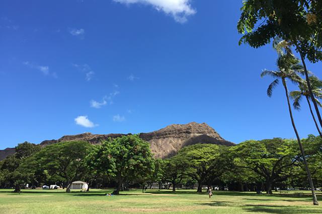 画像: オアフ島・カピオラニ公園から見るダイヤモンドヘッド。静かな公園はローカルの憩いの場。周辺でジョギングやウォーキングをする人の姿も多く見られる。