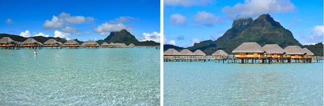 画像: 左の写真は、南の島の青い空と海が美しいものの、漠然とした印象。右は山を背景に大きく取り入れたことでインパクトのある写真になった