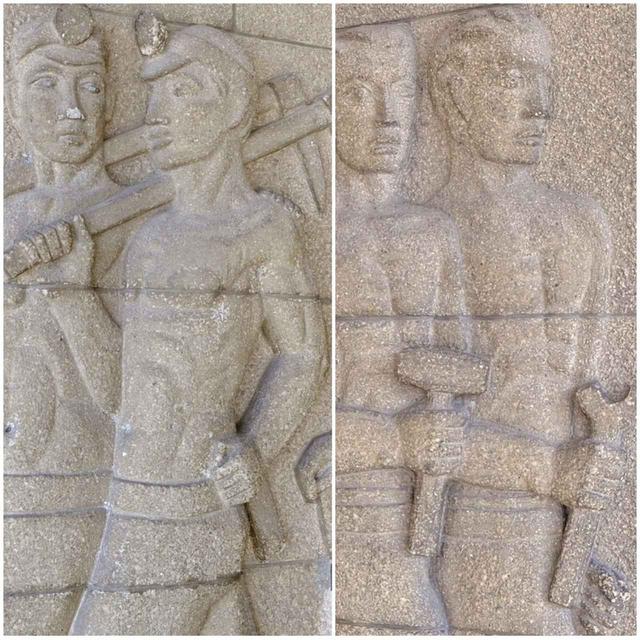 画像: 正面入り口左右にはレリーフがありました。左側には炭鉱時代の鉱夫が、右側には工場で働く人達が描かれています。渡辺の「有限の鉱業から無限の工業へ」という言葉を表現しており、新たな事への挑戦や柔軟な発想と変革を行うという企業理念を表しています。